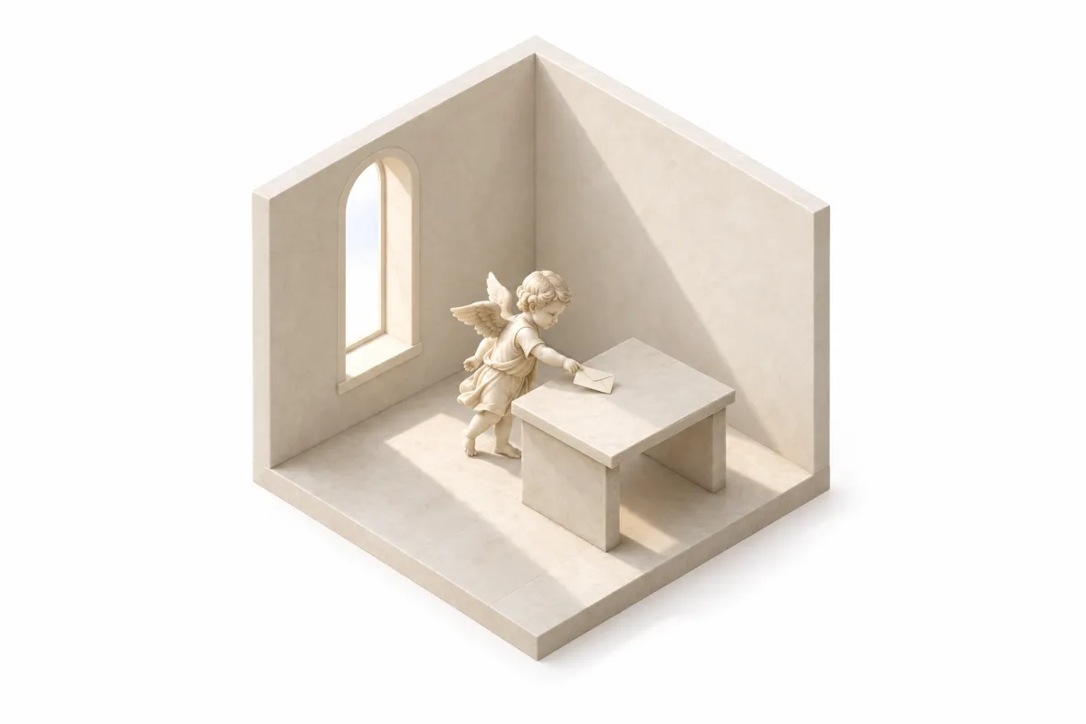 An ivory putto delivering a letter in a quiet, sunlit room.
